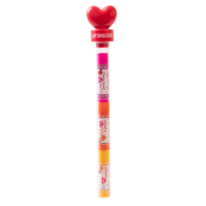 Lip Smacker | 3 Piece Lip Balm with Heart Topper - Red | Product front facing in tube caps fastenend, with no background