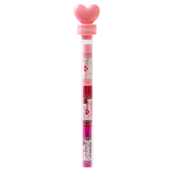 Lip Smacker | 3 Piece Lip Balm with Heart Topper - Pink | Product front facing in tube caps fastenend, with no background
