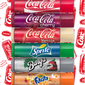 Lip Smacker | Coca Cola Party Pack | Front Packaged Product View | Includes flavors: Coca-Cola, Coca-Cola Cherry, Coca-Cola Vanilla, Sprite, Barqis Root Beer, Fanta Grape, Fanta Orange, Fanta Strawberry on white background